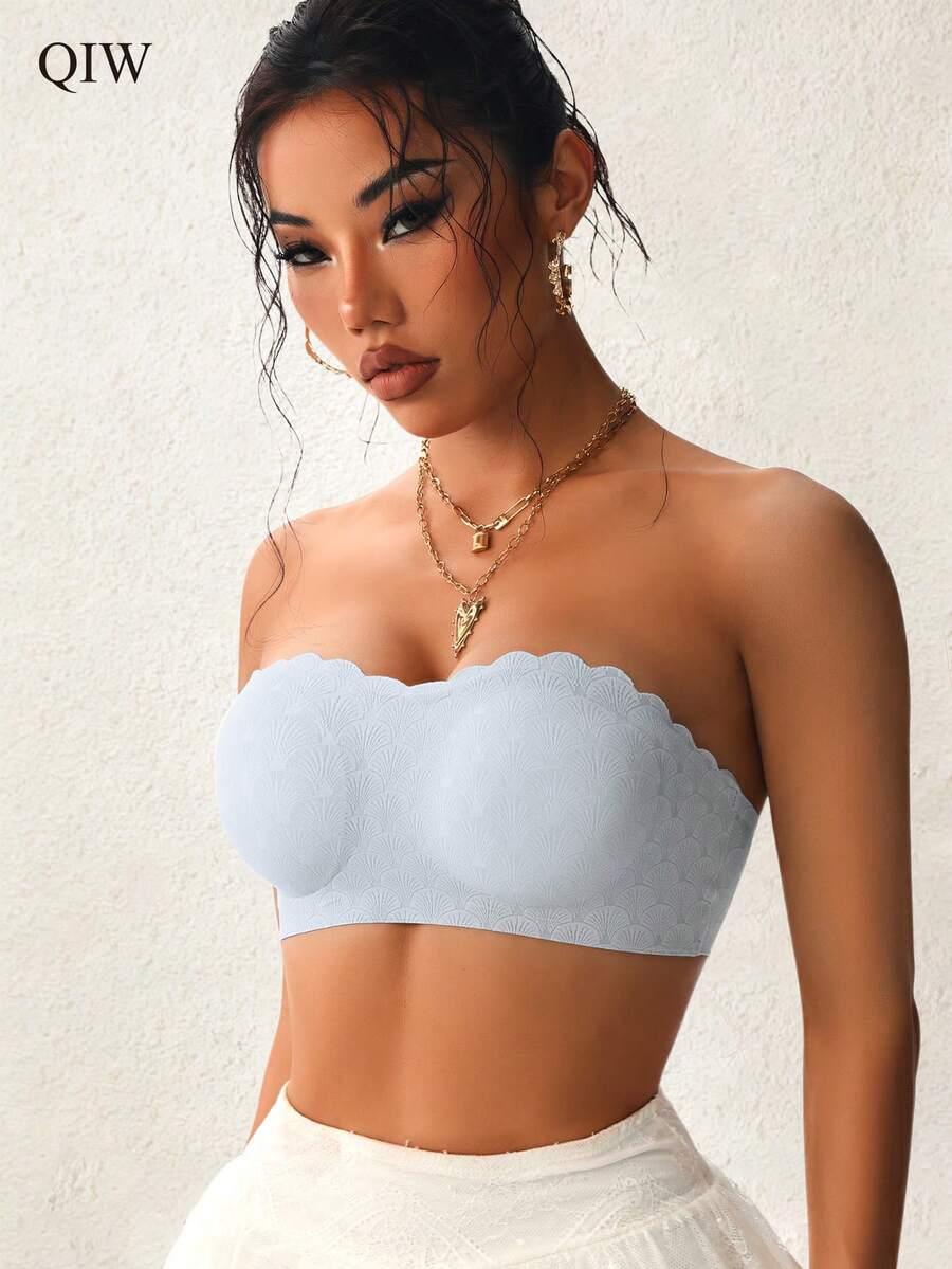 Women's Strapless Bra, With Anti-Slip Rubber Strip, Wavy Edge Embossed Wire-Free Strapless Bra, Suitable For Wedding Dress And Daily Wear - Baby Blue - View 1