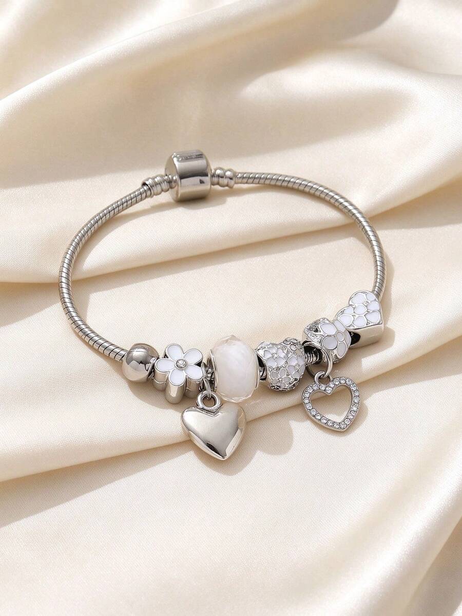 1pc Y2k Style Pink Vintage Bead Chain Bracelet With Waterdrop Rhinestone & Oil Drip Heart Pendant For Women & Girls Valentines,Mom,Mother,Mother's Day,Gift