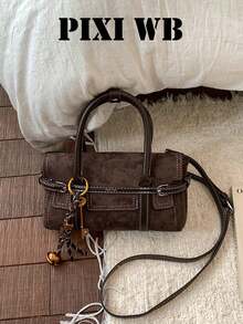 Handbag With Square Small Body, Paired With Double Short Handles, Decorated With Leather Straps And Metal Rings, Hanging Key Bell Shaped Charm, Comes With Detachable Long Shoulder Strap. Can Store Phone, Lipstick And Other Personal Items Inside, Two Carrying Ways: Handheld And Crossbody, Vintage Cargo Style Style, Suitable For Daily Outings - Coffee Brown - View 8