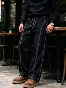 Men's Contrast Stitching Drawstring Elastic Waist Wide Leg Outdoor Sports Pants, Loose Casual Long Pants - Black - View 6