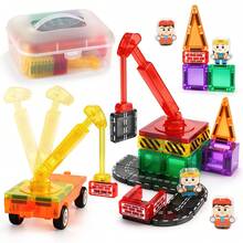 Magnetic Building Blocks Set, Construction Magnetic Blocks With Crane, Flatbed Truck, Road Components. STEM Educational Magnetic Toy, Suitable For Boys And Girls Aged 3 And Above - Multicolor - View 2