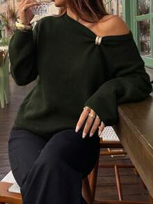 女款休閒可愛優雅法式風金鈕扣露肩長袖針織套頭毛衣上衣，基礎秋冬穿搭，聖誕風格 - 軍綠色 - 查看 2