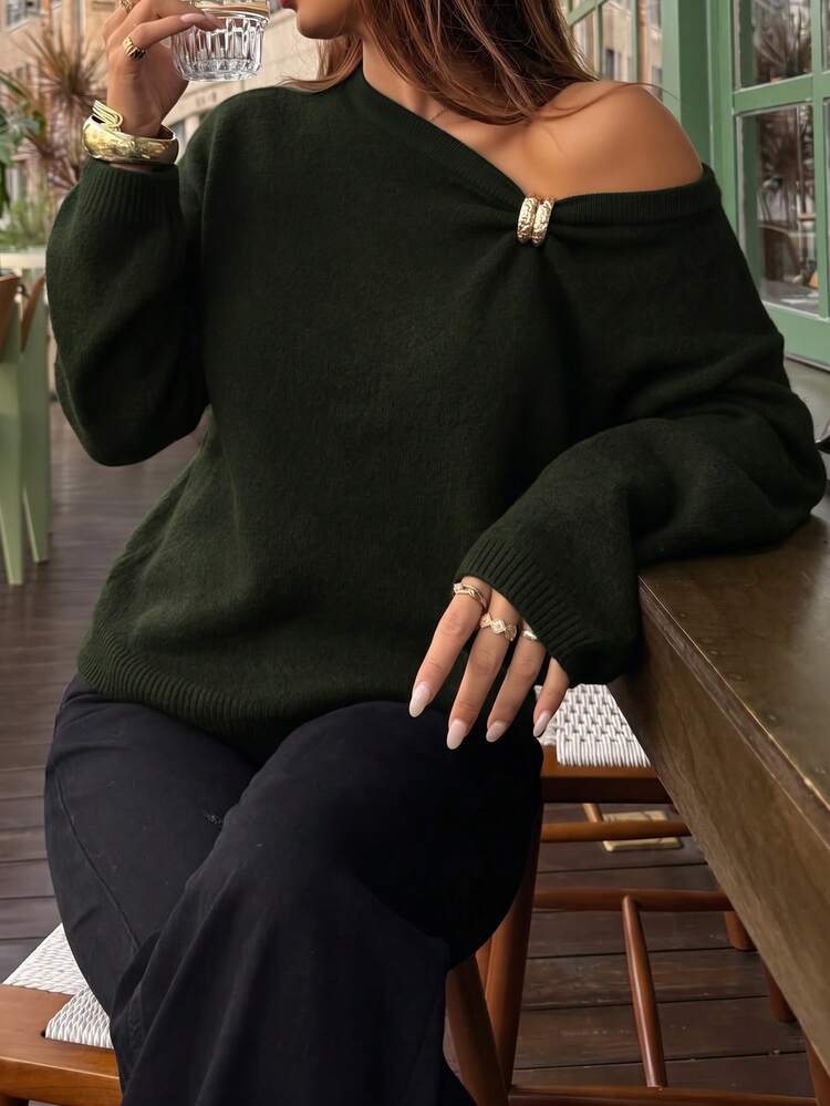 Women's Casual Cute Elegant French Style Gold Button Cold Shoulder Long Sleeve Knit Pullover Sweater Top, Basic Autumn/Winter Outfit, Christmas Style - Army Green - View 2