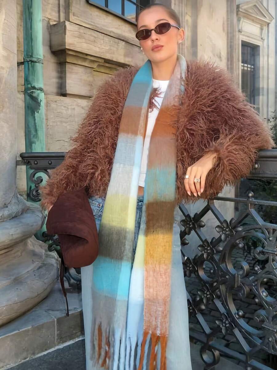 1件秋冬時尚條紋格紋毛絨保暖加厚女款圍巾，觸感柔軟如羊絨，波希米亞休閒防風情侶披肩，舒適毯式圍巾，適合日常穿著 - 霧霾藍 - 查看 1