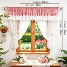 1 Set Vintage Red & White Plaid Patchwork Ruffle Valance And Sheer Curtain Set, Double Layer Translucent Sheer Half Curtain With Top Rod Pocket, Home Dining Room Bathroom Cabinet Partition Small Window Curtain, Rental Apartment Renovation Soft Decor Sheer Curtain - 1 Set - View 2