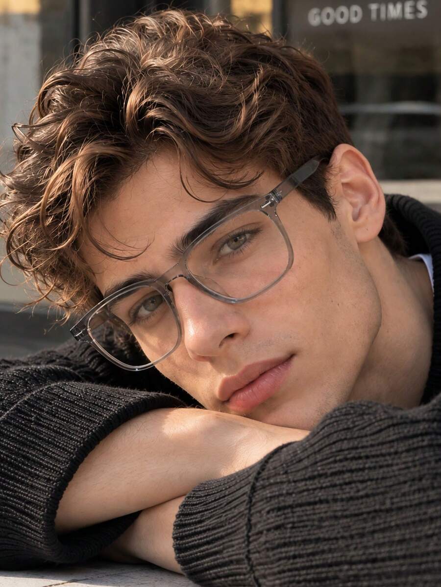 Men's European And American Square Frame Glasses, Classic Rectangular Large Frame, Rounded Corner Design, Vintage Fashion Style, Street Photography, Travel, City Commute - Clear - View 1