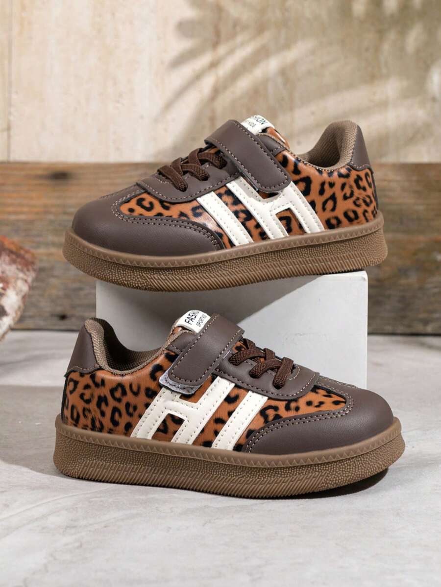 Children's Leopard Print Retro Casual Sneakers With Hook-And-Loop Soft Sole Anti-Slip Versatile Sports Shoes - Brown - View 1