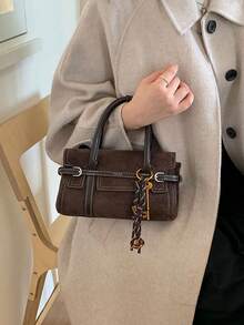 Handbag With Square Small Body, Paired With Double Short Handles, Decorated With Leather Straps And Metal Rings, Hanging Key Bell Shaped Charm, Comes With Detachable Long Shoulder Strap. Can Store Phone, Lipstick And Other Personal Items Inside, Two Carrying Ways: Handheld And Crossbody, Vintage Cargo Style Style, Suitable For Daily Outings - Coffee Brown - View 2