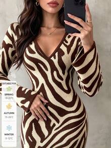 SUNSTORY Women's Autumn/Winter Fashionable V-Neck Zebra Print Knit Sweater Dress, Suitable For Commuting, Street Style, Dating, Evening Party, New Year's Eve - Multicolor - View 3