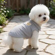 1pc Cute Bear Patch Embroidery Pet Sleeveless Polo Shirt, Soft Breathable Dog Vest, Summer Puppy Outfit For Small Dogs Bichon Teddy - Grey - View 3