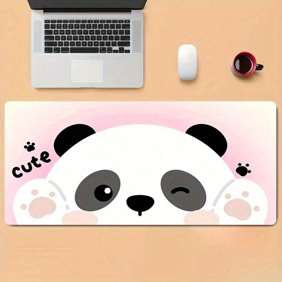 Cute Wink Panda Large Desk Mat, Polyester Extended Gaming Mouse Pad, Kawaii Cartoon Pink Background Paw Print Cute Letter Print, Non‑Slip Rubber Base, Stitched Edge Keyboard Desk Pad For Home Office Desktop Decor - View 1