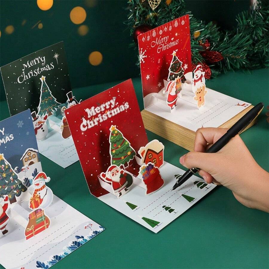 1pc/4pcs/8pcs Christmas Party 3D Pop-Up Greeting Cards, Santa Claus Snowman Christmas Tree Pop-Up Invitation Cards, Christmas Eve Handwritten Blessing Message Gift Cards - Multicolor - View 1