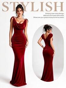 Women's Elegant Red Sleeveless Maxi Dress, Draped Pleated Details, Mermaid Hem, Medium Stretch, Suitable For Wedding Party Autumn - Red - View 11