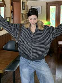 Autumn/Winter American Style Lazy Loose Hooded Striped Brushed Fleece Zip-Up Jacket With Fur Collar - Grey - View 9