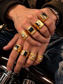 1/10/40/100pcs Hip Hop Gold Rings Men's Rings, Personalized Black Gemstone Rhinestone Rings, Fashion Jewelry Women's Accessories, Women's Rings, Party Daily Jewelry Gift - Gold - View 2