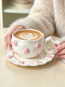 1 Set 3D Pink Embossed Heart Ceramic Coffee Cup & Saucer, Korean Ins Aesthetic Cute Latte Mug, Handmade Wavy Edge Tea Cup, Home Kitchen Table Decor, Valentine Gift For Women - Multicolor - View 8