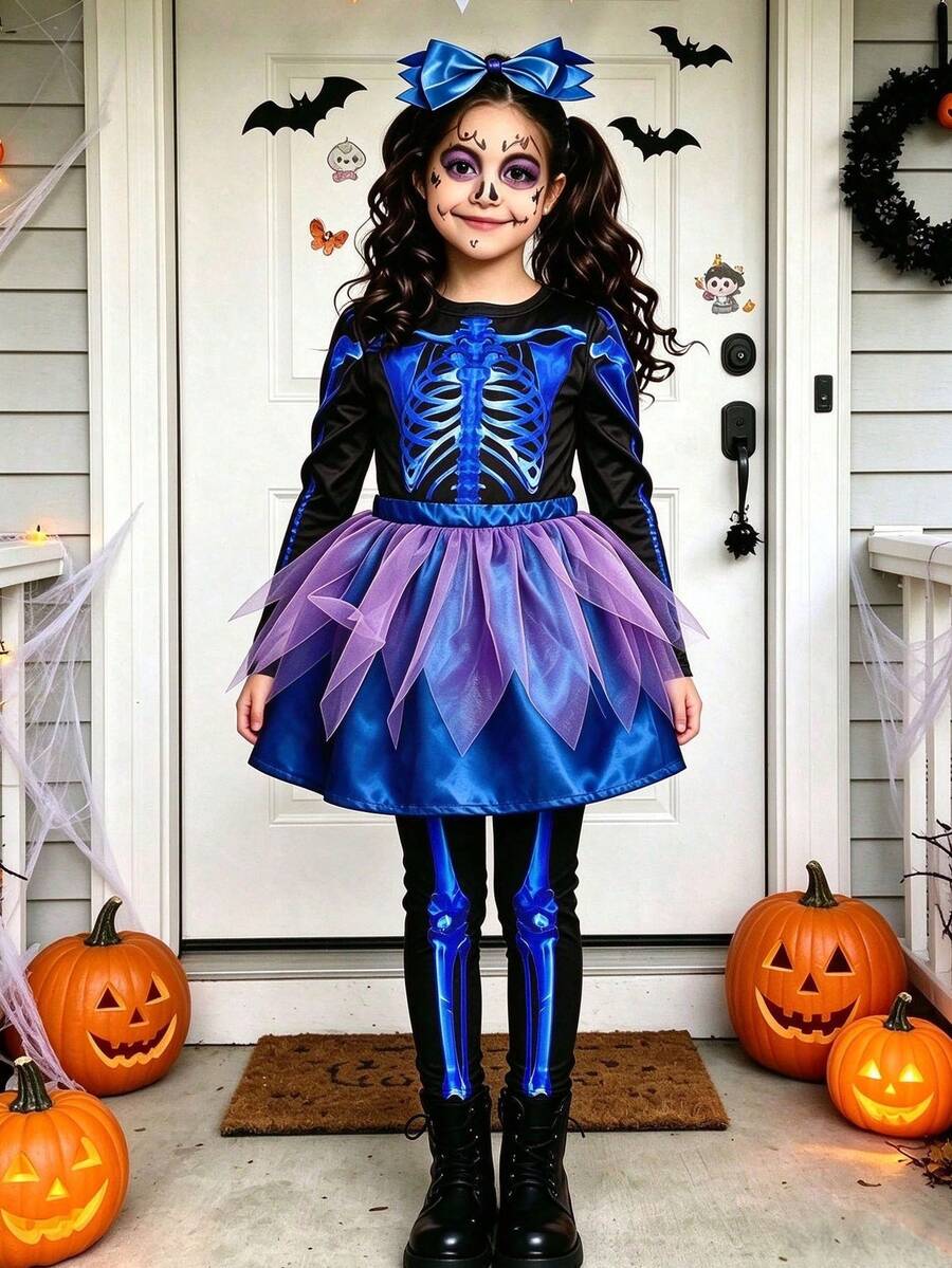 2pcs/Set Cute Skeleton Long Sleeve Jumpsuit & Skirt Set For Young Girl, Halloween Costume, Cosplay Outfit, Role Play