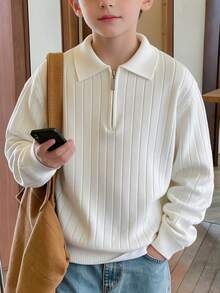Sweater Polo Rajut Bergaris dengan Resleting 1/4 untuk Anak Laki-laki, Lengan Panjang dengan Kerah Lipat, Atasan Kasual Warna Polos untuk Anak-anak Musim Gugur/Dingin - Putih - View 6