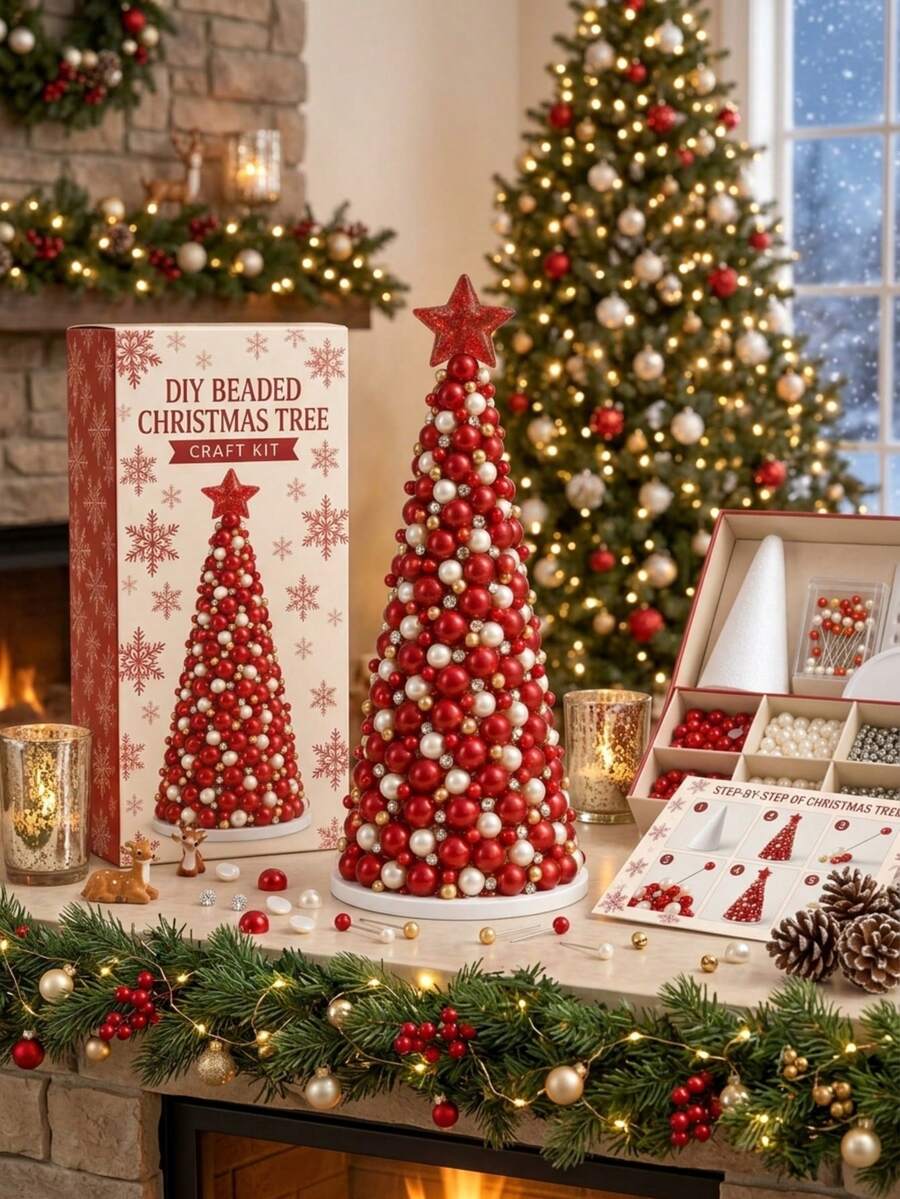 DIY Christmas Beaded Tree Kit, Pearl & Rhinestone Embellishment Craft Set, Handmade Holiday Tree Making Supplies With Foam Cone Base, Sparkling Tabletop Christmas Decor For Home, Party & Festive Celebrations - Standard - View 1