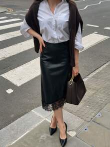 NOVELLE Damen eleganter schwarzer asymmetrischer Spitzenbesatz Midi-Rock, hoch taillierter gerader Rock, geeignet für Herbst/Winter, perfekt für Dates - Schwarz - Übersicht 7