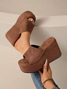 2026 New Women's Suede Thick Sole Wedge Slip-On Sandals, Open Toe Slip-On High Platform Summer Casual Walking Beach Shoes - Coffee Brown - View 2
