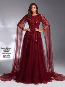 IBTRLY Spring/Summer New Elegant Luxury Burgundy Sequin Beaded Floral Decor High Slit Mesh Formal Evening Gown, Suitable For Party, Wedding, Graduation, Birthday, Celebration, Prom, Homecoming, Vacation, Date - Burgundy - View 8
