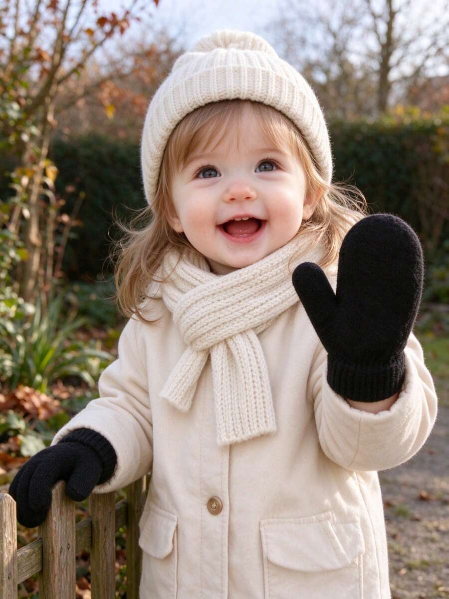 1Pc Toddler Baby Winter Warm Knit Mittens 1-3Y Solid Black Soft Gloves With Ribbed Cuffs, Baby Essentials, Baby Stuff, Winter Clothes For Girls, Fall - Black - View 1
