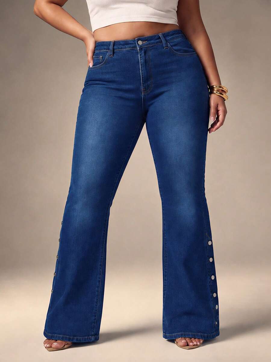 Women's Plus Size Flare Leg Jeans, Washed & Raw Denim Details, Comfortable High Stretch Fabric - Blue - View 1
