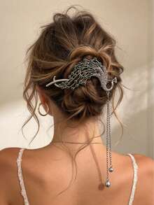 1pc Sparkling Rhinestone Hollow Peacock Tassel Twist Hair Clip, Women's Back Head Updo Hair Accessory For Wedding, Banquet, Luxury - Multicolor - View 1