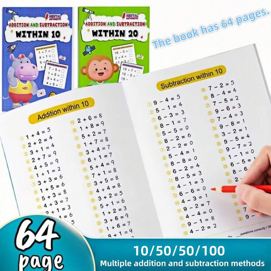1PC Kids Addition And Subtraction Workbook, Math Practice Book Within 10 & 20, Early Learning Activity Book, Homeschool Math Exercise Book, Preschool Kindergarten Learning Workbook, Educational Homework Book - Multicolor - View 1