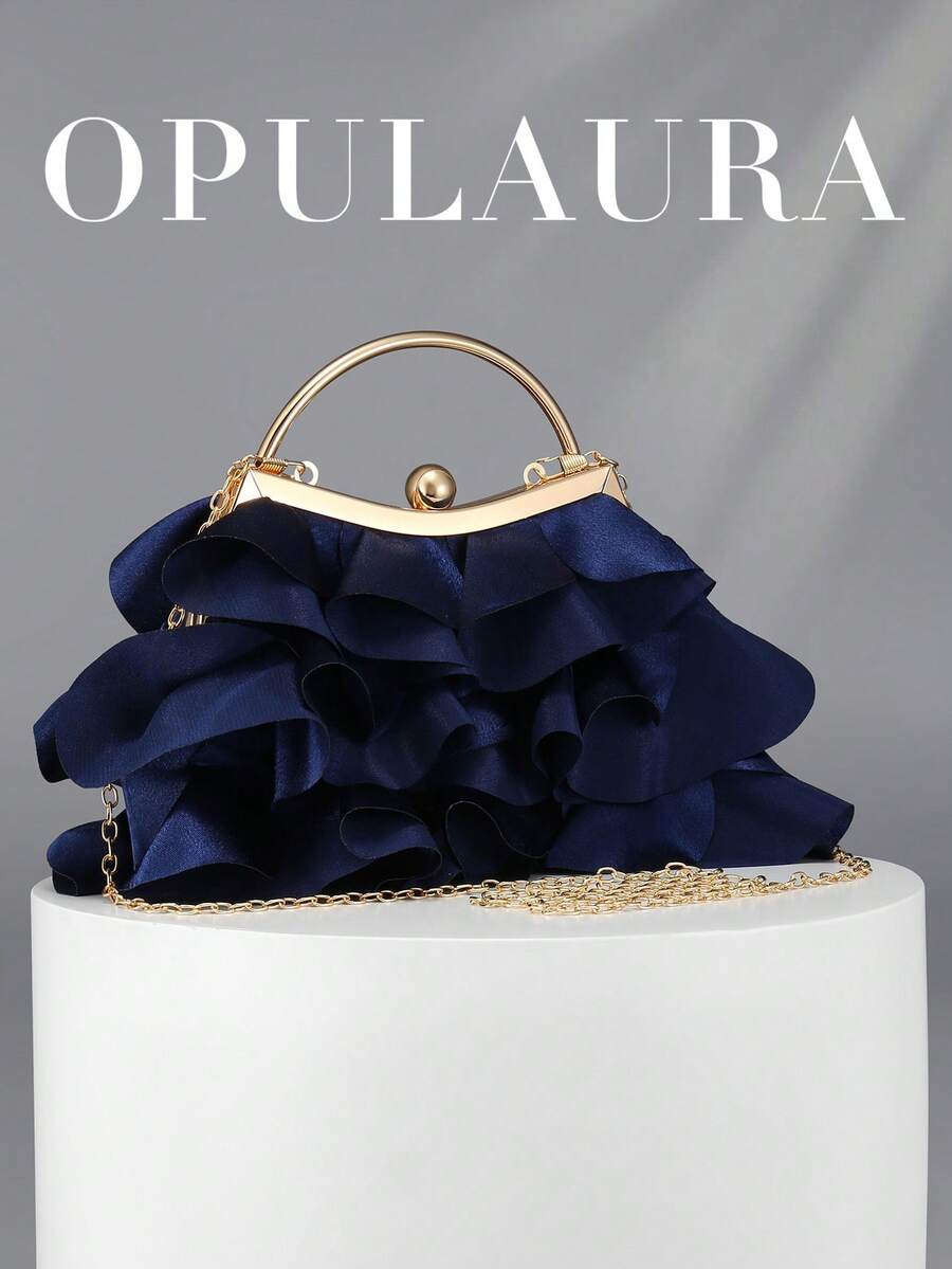 OpulAura 女款精緻迷人花瓣晚宴手拿包,荷葉邊設計手提包,晚禮服搭配包,適用於婚禮/度假/正式派對/舞會等場合,附鏈條,隨機花瓣造型 - 藏蓝色 - 查看 1