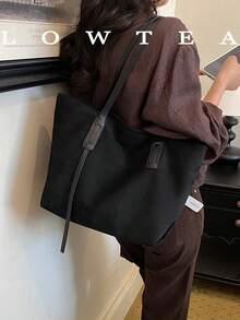 Low Tea 1件裝純色PU布料女款休閒大容量滿版圖案托特包，雙手把設計，拉鍊開合，適合旅行、購物、約會，女性禮物，適用於青少年女孩、大學生、職場新人與白領上班族，完美適配辦公室、校園、工作、商務、通勤、戶外、旅行、出遊 - 黑色 - 查看 4