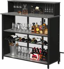 Mesa Alta Tipo Bar, Mueble de Licor para Hogar con Almacenamiento, Reposapiés, Estantes para Vino y Copas, Diseño Industrial para Cocina, Sala de Entretenimiento y Pub, Gris - Gris - Ver 1