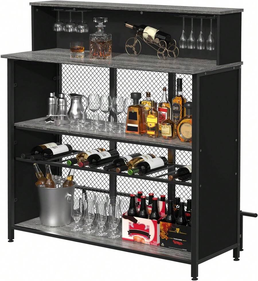 Mesa Alta Tipo Bar, Mueble de Licor para Hogar con Almacenamiento, Reposapiés, Estantes para Vino y Copas, Diseño Industrial para Cocina, Sala de Entretenimiento y Pub, Gris - Gris - Ver 1