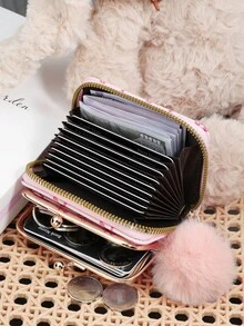 Fashionable Ladies' Pink Bow Print Can Be Split For Wallet Use, With A Pom-Pom Charm, Zipper Compartment, Suitable For Commuting And Shopping - Hot Pink - View 11