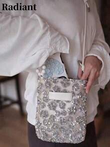 Niche Design Beaded Embroidery Bucket Bag, Summer Denim Effect Shoulder Bag, New Chinese Style Fashion Versatile Commute Travel Shopping Women's Bag - Silver - View 8