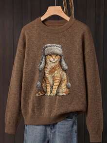 Women's Plus Size Cat Print Regular Sleeve Crew Neck Pullover Sweater, Autumn/Winter - Brown - View 2
