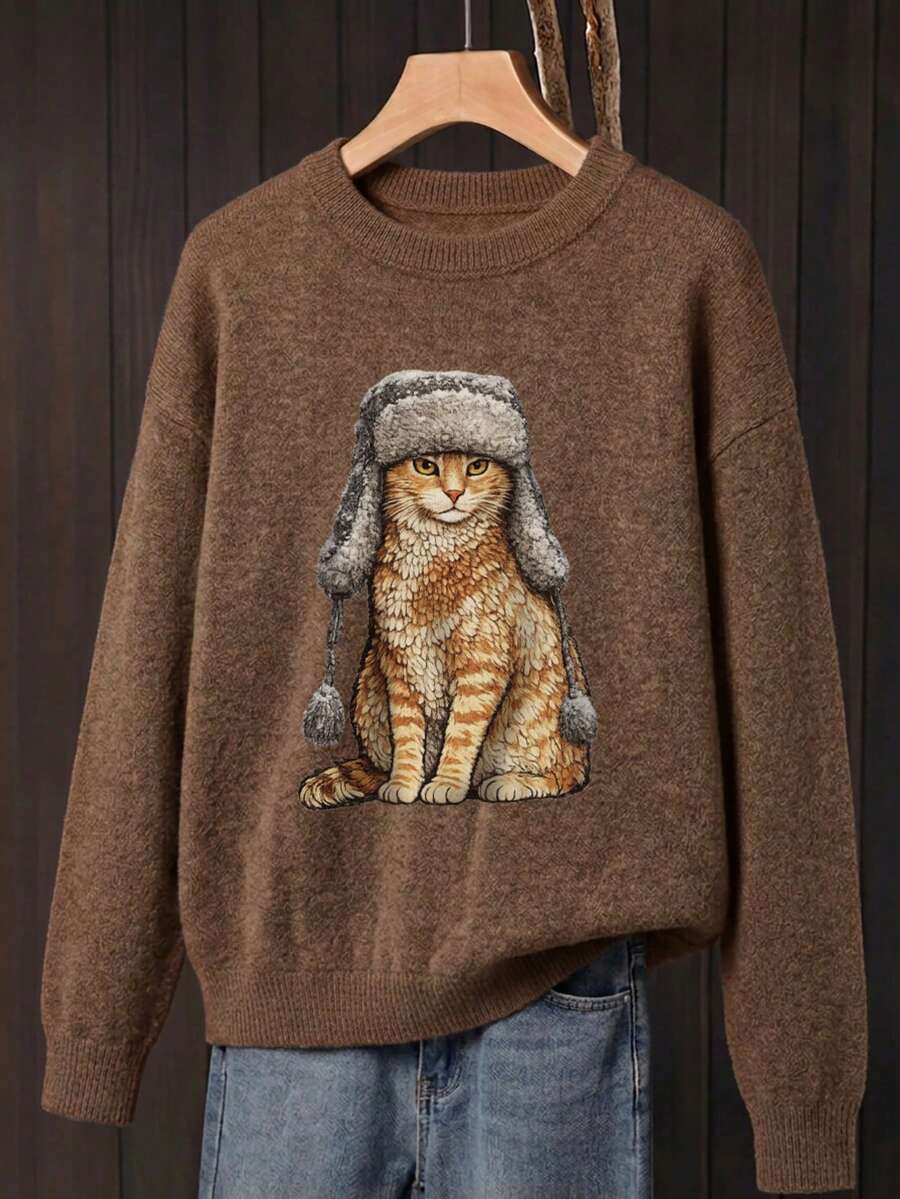 Women's Plus Size Cat Print Regular Sleeve Crew Neck Pullover Sweater, Autumn/Winter