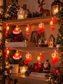 1pc Christmas Mixed String Lights, Featuring Santa Hat, Socks, Candy Cane-Shaped Fairy Lights. Battery-Powered. Suitable For Indoor Holiday Party Decoration And Christmas Tree Fireplace Decoration. - Mixed - View 10