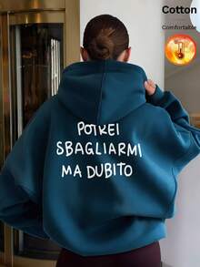 Women's Fall/Winter Fleece Hoodie With Italian Text Graphic On Back, Y2K Style - Cow Blue - View 1