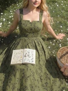 MOD Vestido de Talla Grande con Estampado de Lunares Franceses, Estilo Vintage de Vacaciones COC1 - Verde militar - Ver 1