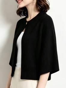 Single Button Knit Cape Cardigan, Black Cropped Shawl Sweater Cover Up - Black - View 3