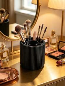 3D Printed Vertical Striped Divided Makeup Brush Holder, 3D Round Decorative Ornament, Multiple Colors Available, Large Capacity Vanity Storage Bucket, Can Hold Eyebrow Pencils And Makeup Brushes, High-Value Desktop Beauty Storage Decor - Multicolor - View 3