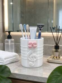 2pcs/1pc Cute Pink Bow Multipurpose Storage Cup, Treble Clef Embossed Makeup Brush Holder, White Desktop Vanity Organizer, Can Be Used As Toothbrush Holder & Pen Holder For Bathroom Desk - Multicolor - View 2