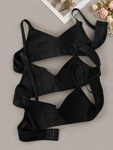 3pcs/Set Teen GirlBlack Wireless Simple Fashion Comfortable Soft Ribbed Bras, 13-16Y - Black - View 2
