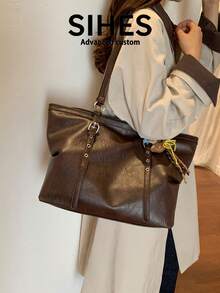 1pc Solid Color PU Leather New Women's Backpack, Shoulder Bag, Fashion Large Capacity Tote Bag, Zipper Closure, Dual Handles, Suitable For Commuting, Shopping, Dating, - Coffee - View 6