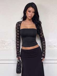 Women's Autumn Black Square Neck Lace Long Sleeve Top For Date Night, Going Out , Bachelorette - Black - View 5
