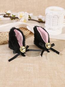 2pcs Cute Plush Cat Ear Hair Clips, White Fluffy Cat Ear Headband With Pink Ribbon And Gold Bell, Halloween Party Anime Cosplay Hair Accessory - Multicolor - View 11