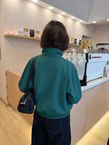 新款女式精緻夾克外套，秋季夾克，拼接設計，休閒拉鍊口袋長袖飛行夾克，優雅冬季大衣 - 孔雀綠 - 查看 7