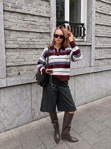 Joy Knit 女款針織毛衣 秋冬時尚新款 百搭上衣 優雅極簡休閒百搭 彩色條紋撞色翻領寬鬆長袖針織上衣 女士上班穿搭 外出上衣 派對 節慶 生日 海灘 - 酒紅+杏色 - 查看 5